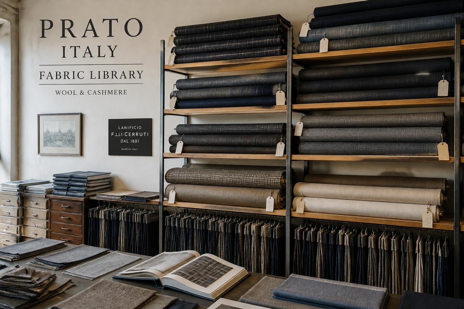 Shelves of wool and cashmere rolls in a Prato fabric library