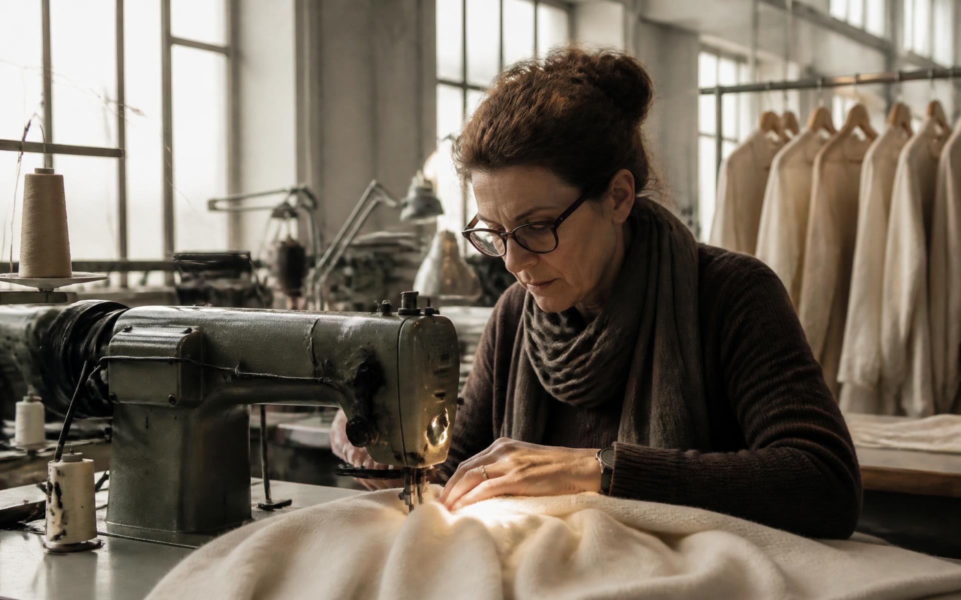 Seamstress sewing cashmere in the AURALUNA atelier