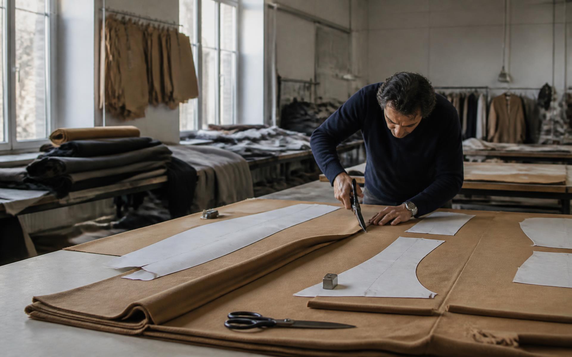Cutter laying camel wool and paper patterns on the cutting table