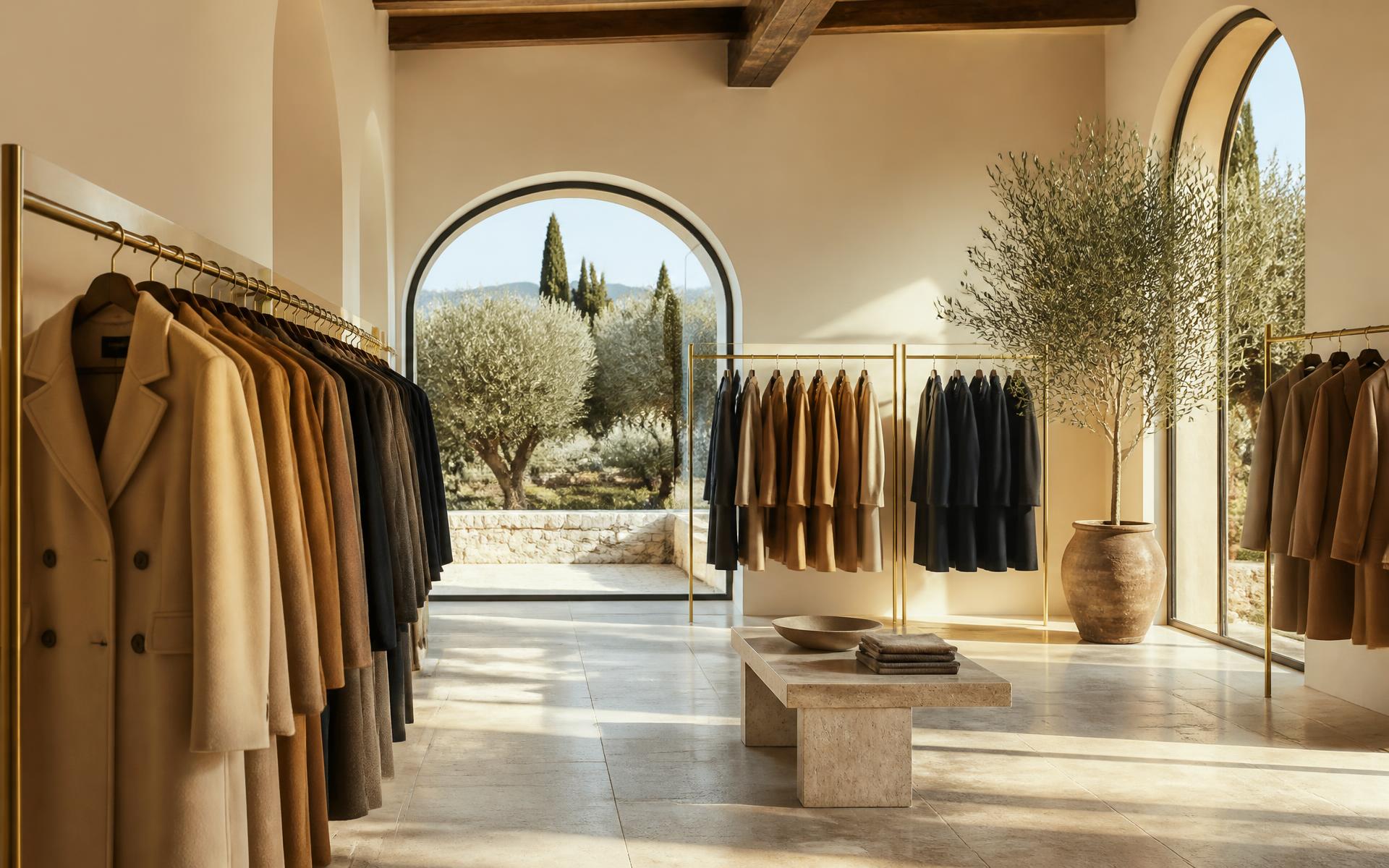 Tuscan showroom with wool coats on brass rails