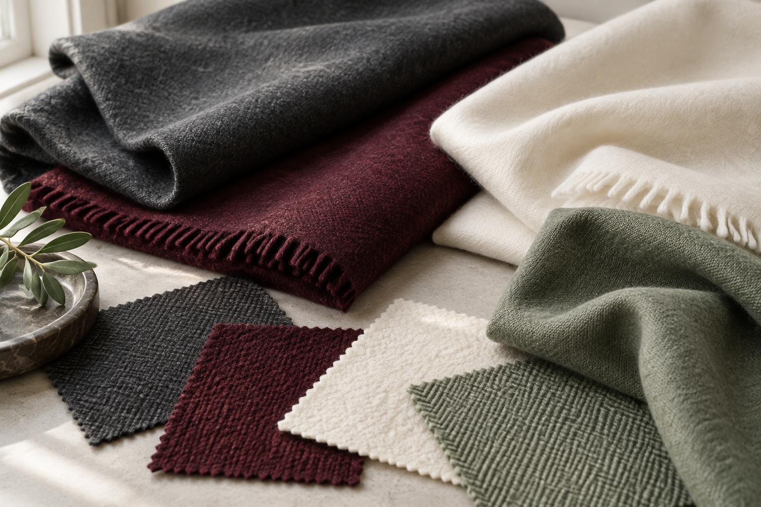 Unbranded textile swatches and folded fabrics for material selection