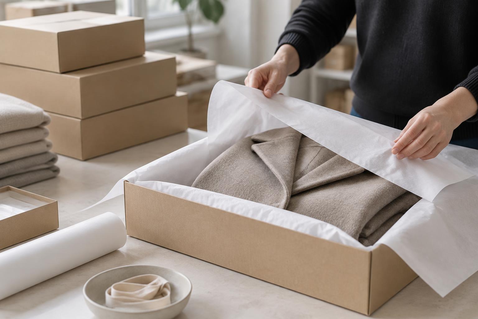 Unbranded garment and packing materials prepared on a table