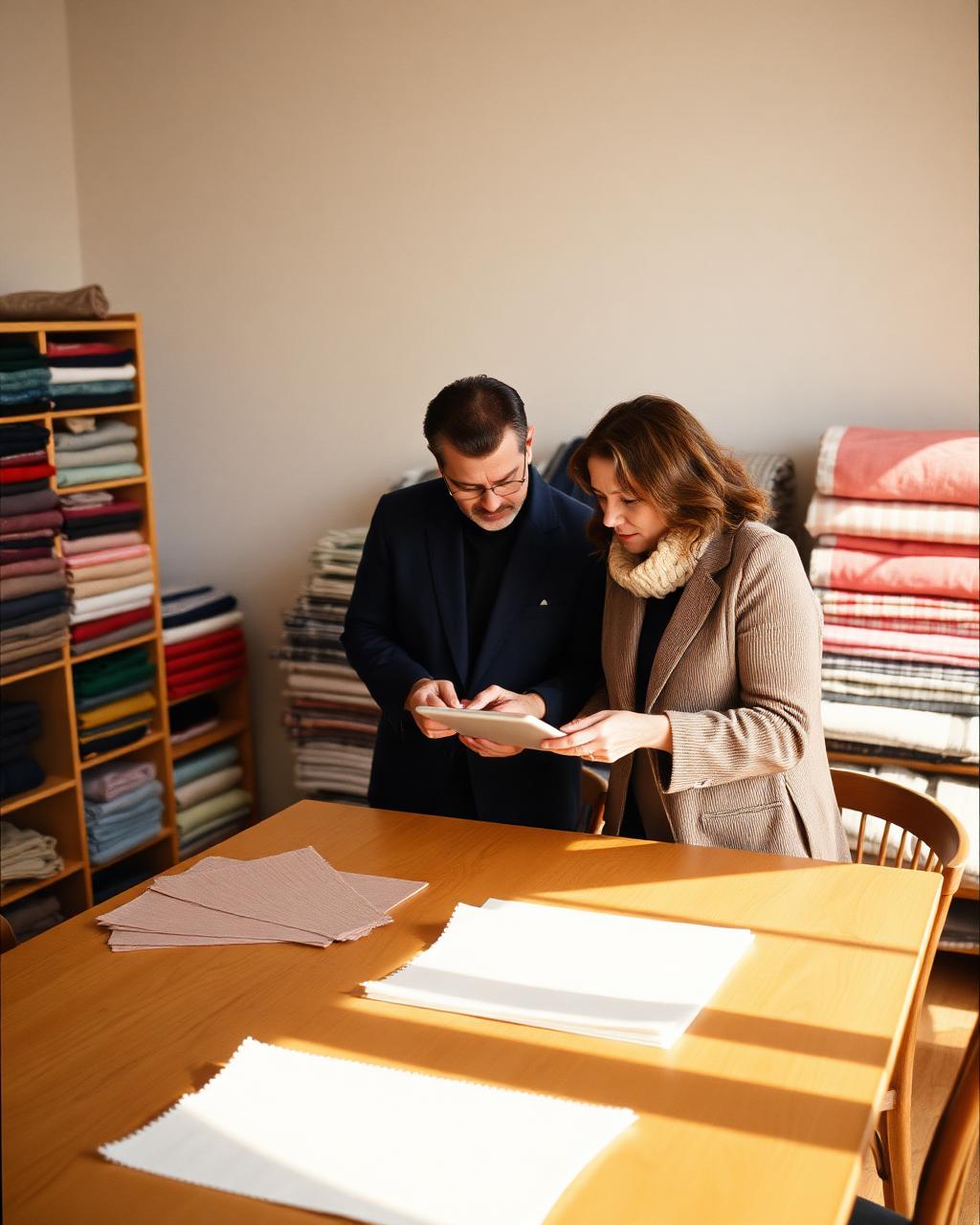 Two people reviewing fabric swatches and a tablet in a textile office